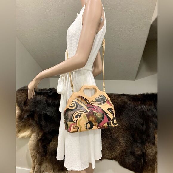 Abstract Print Cowhide Leather Handmade Wooden Frame Bag Includes 2 Strap Styles - Picture 7 of 16